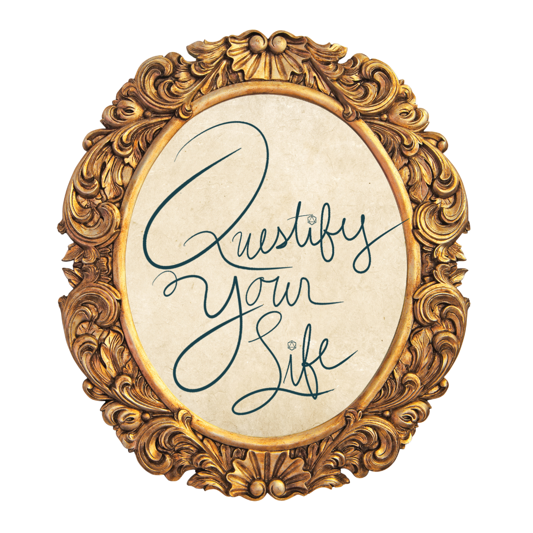 "Questify Your Life" handwritten on a piece of parchment in a gold oval frame.